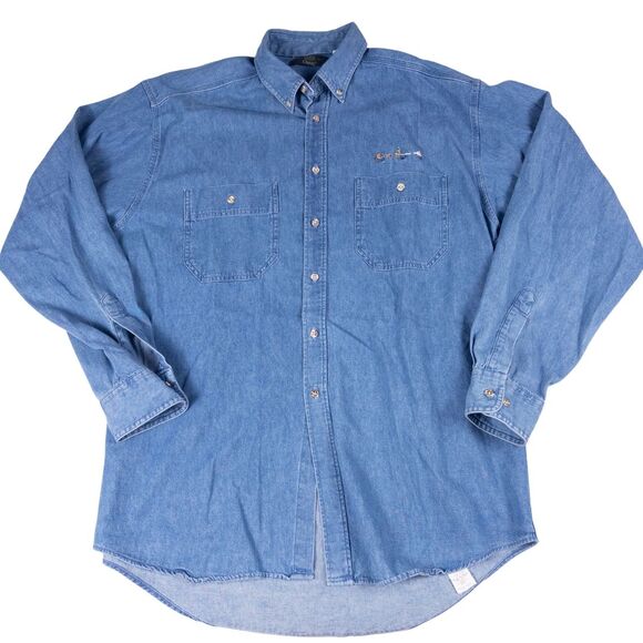 Vintage 90s Orvis Denim Shirt L Made USA Fly Fishing Embroidered Cotton Blue - Picture 4 of 9